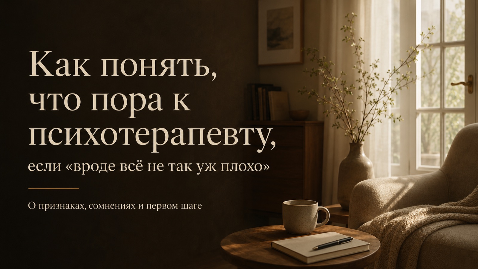 Человек сидит вечером в комнате в сгущающихся сумерках с телефоном в руке, свет в комнате не включён