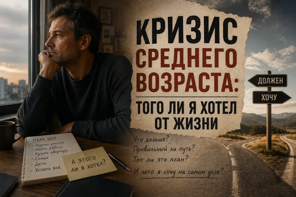 Мужчина у окна над раскрытым блокнотом со списком планов, рядом развилка дороги с указателями