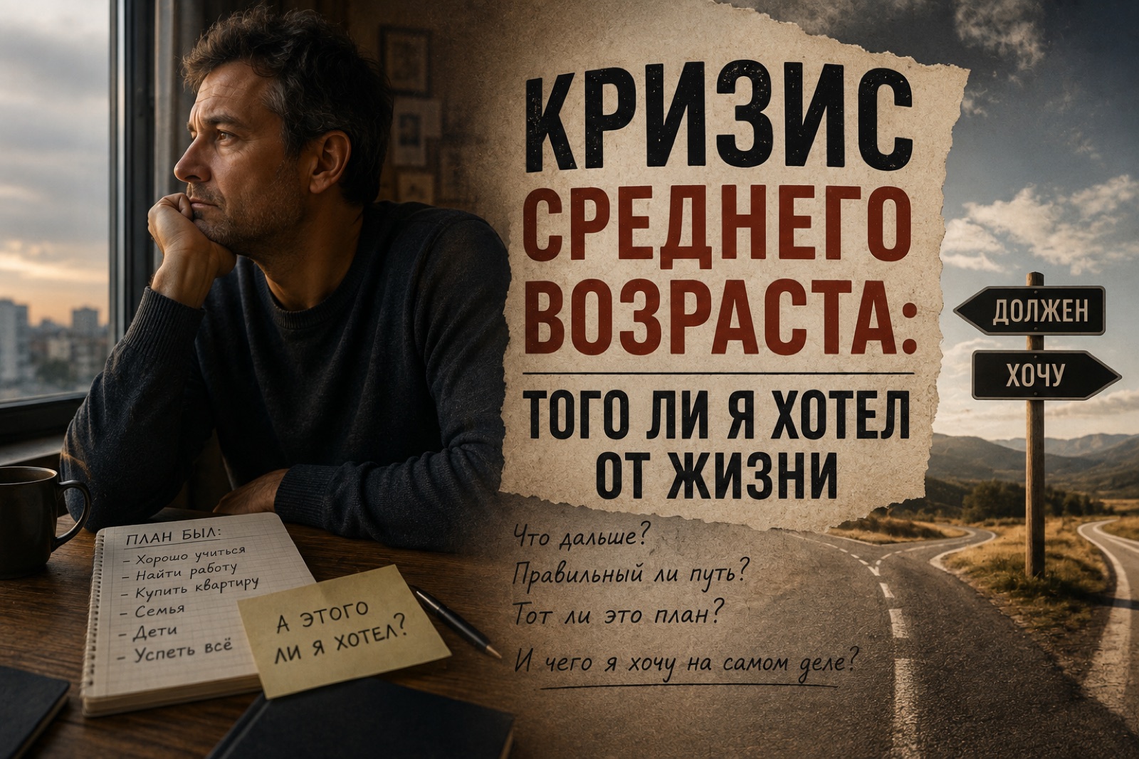 Мужчина у окна над раскрытым блокнотом со списком планов, рядом развилка дороги с указателями