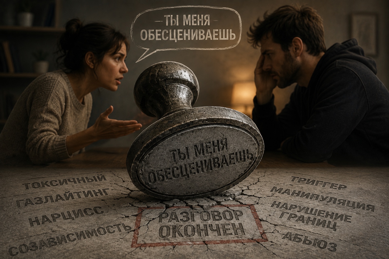 Между спорящими огромная печать, которой одно слово закрывает разговор