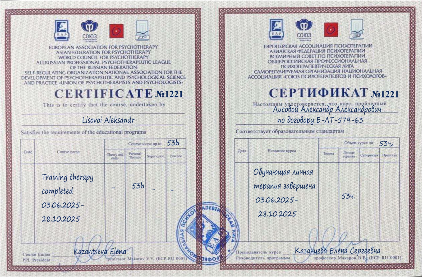 Сертификат обучающей личной терапии — 53 часа