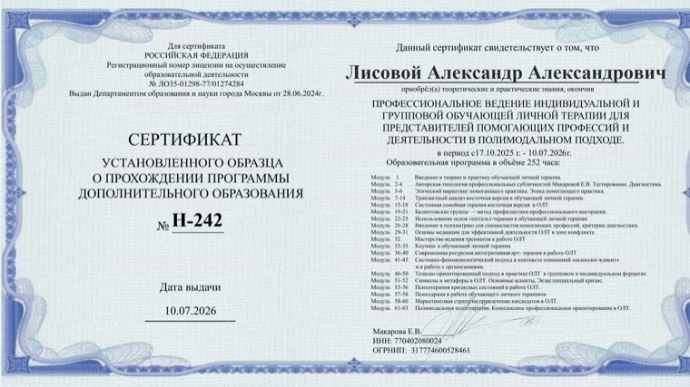 Сертификат о прохождении программы профессионального ведения обучающей личной терапии, 252 часа